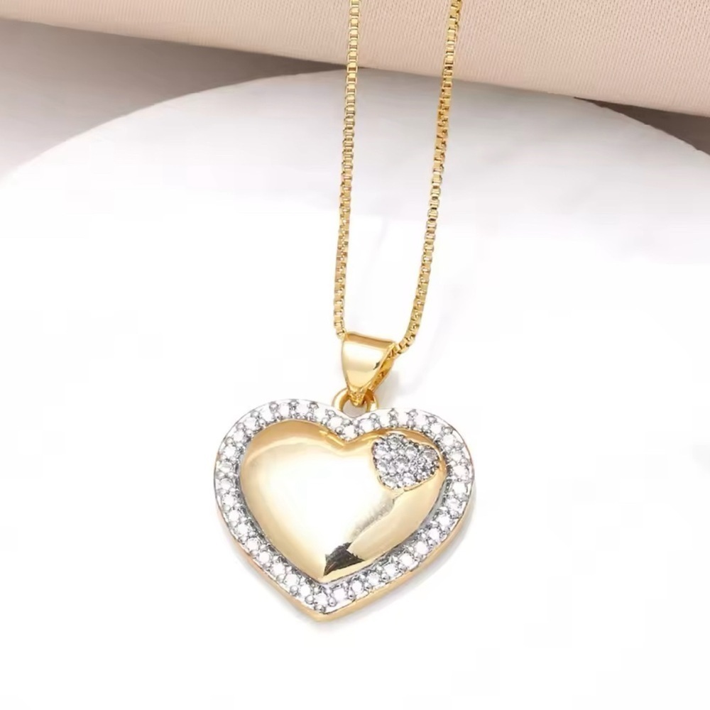 14k Gold & Silver Heart Within A Heart Necklace With Diamond Accents
